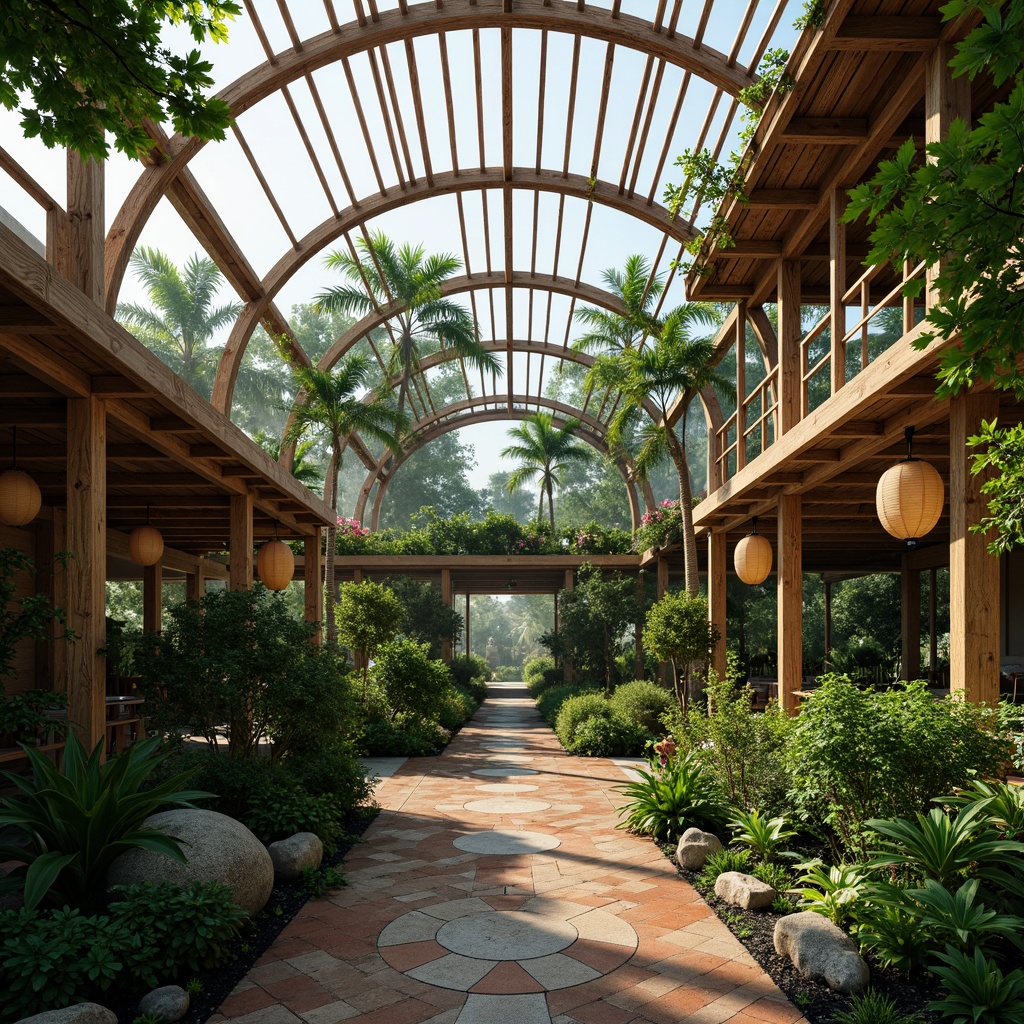 Prompt: Tropical greenhouse, lush greenery, exotic plants, bamboo structures, reclaimed wood accents, natural stone walls, curved lines, pagoda-inspired roofs, vibrant Asian tiles, intricate wooden carvings, paper lanterns, misty atmosphere, soft warm lighting, shallow depth of field, 1/2 composition, intimate view, realistic textures, ambient occlusion.