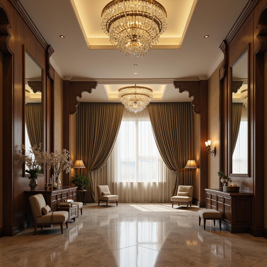 Prompt: Elegant chandelier, crystal droplets, polished metal accents, soft warm glow, luxurious ambiance, high ceiling, grand entrance, marble flooring, ornate mirrors, refined furnishings, subtle color palette, creamy whites, rich woods, velvet drapes, dramatic shadows, low-key lighting, 1/1 composition, symmetrical framing, realistic reflections.