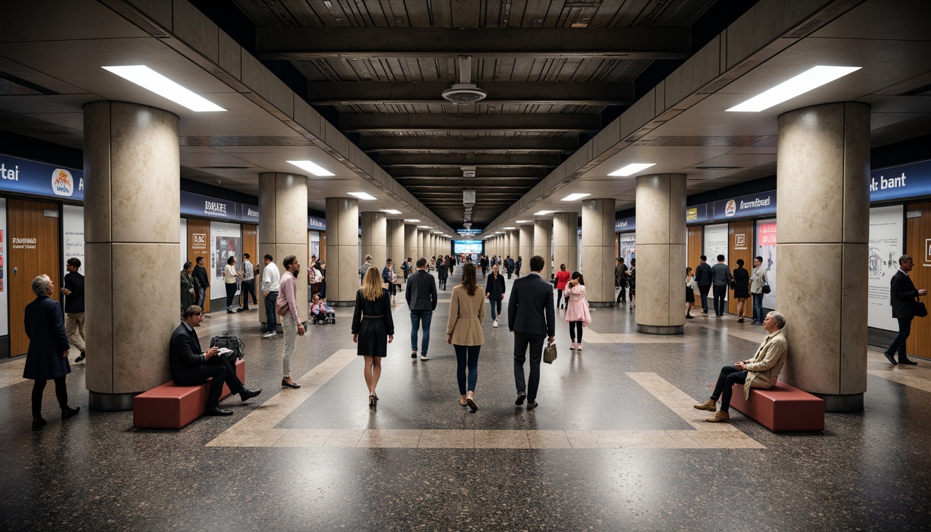 Prompt: Vibrant metro station, bustling crowd, modern urban atmosphere, durable terrazzo floors, aesthetic granite tiles, high-gloss finish, subtle lighting effects, sleek metal handrails, comfortable seating areas, natural stone walls, industrial-chic design, urban textures, shallow depth of field, 3/4 composition, panoramic view, realistic reflections, ambient occlusion.