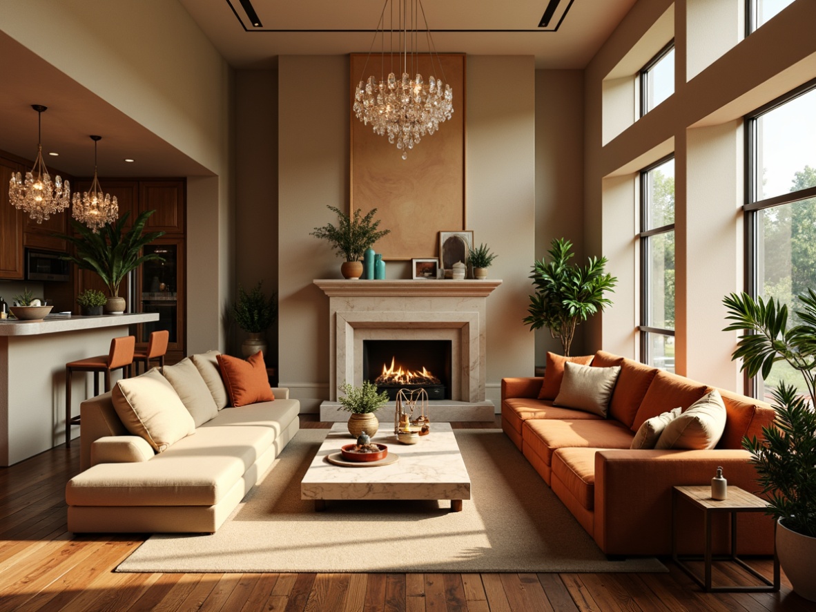 Prompt: Cozy living room, warm beige walls, rich walnut flooring, plush velvet furniture, soft golden lighting, calming natural textures, earthy terracotta accents, inviting turquoise hues, creamy white marble countertops, elegant crystal chandeliers, subtle sheen fabrics, comfortable sectional sofas, rustic wooden coffee tables, vibrant greenery, sunny afternoon, shallow depth of field, 1/1 composition, warm and intimate atmosphere.