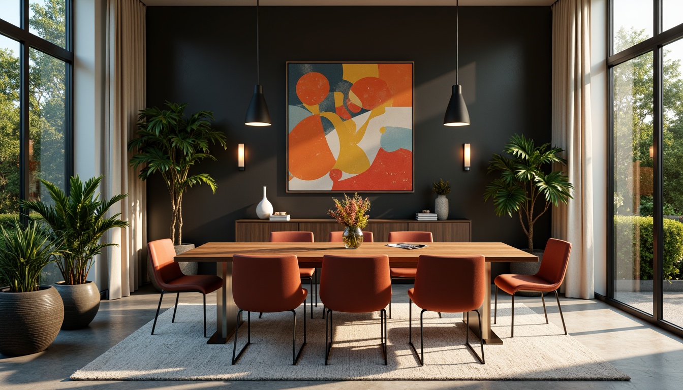 Prompt: Modern dining room, sleek wooden table, elegant chairs, luxurious upholstery, metallic legs, ambient lighting, pendant lamps, floor-to-ceiling windows, natural stone floors, minimalist decor, greenery walls, tropical plants, abstract artwork, geometric patterns, bold color accents, textured rugs, soft warm glow, shallow depth of field, 3/4 composition, realistic textures, ambient occlusion.