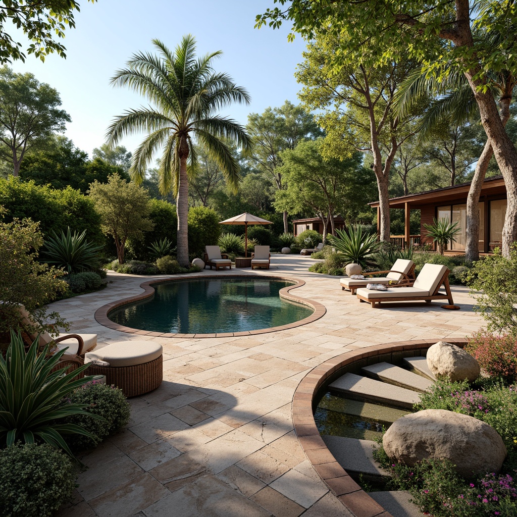 Prompt: Natural stone coping, rustic wooden decking, lush greenery, tropical plants, palm trees, colorful blooms, meandering walkways, soft outdoor lighting, warm ambiance, vernacular style swimming pools, earthy tone tiles, curved lines, organic shapes, water features, gentle streams, small waterfalls, rocky outcroppings, natural boulders, weathered wood accents, woven outdoor furniture, plush cushions, sunny day, shallow depth of field, 3/4 composition, panoramic view, realistic textures, ambient occlusion.