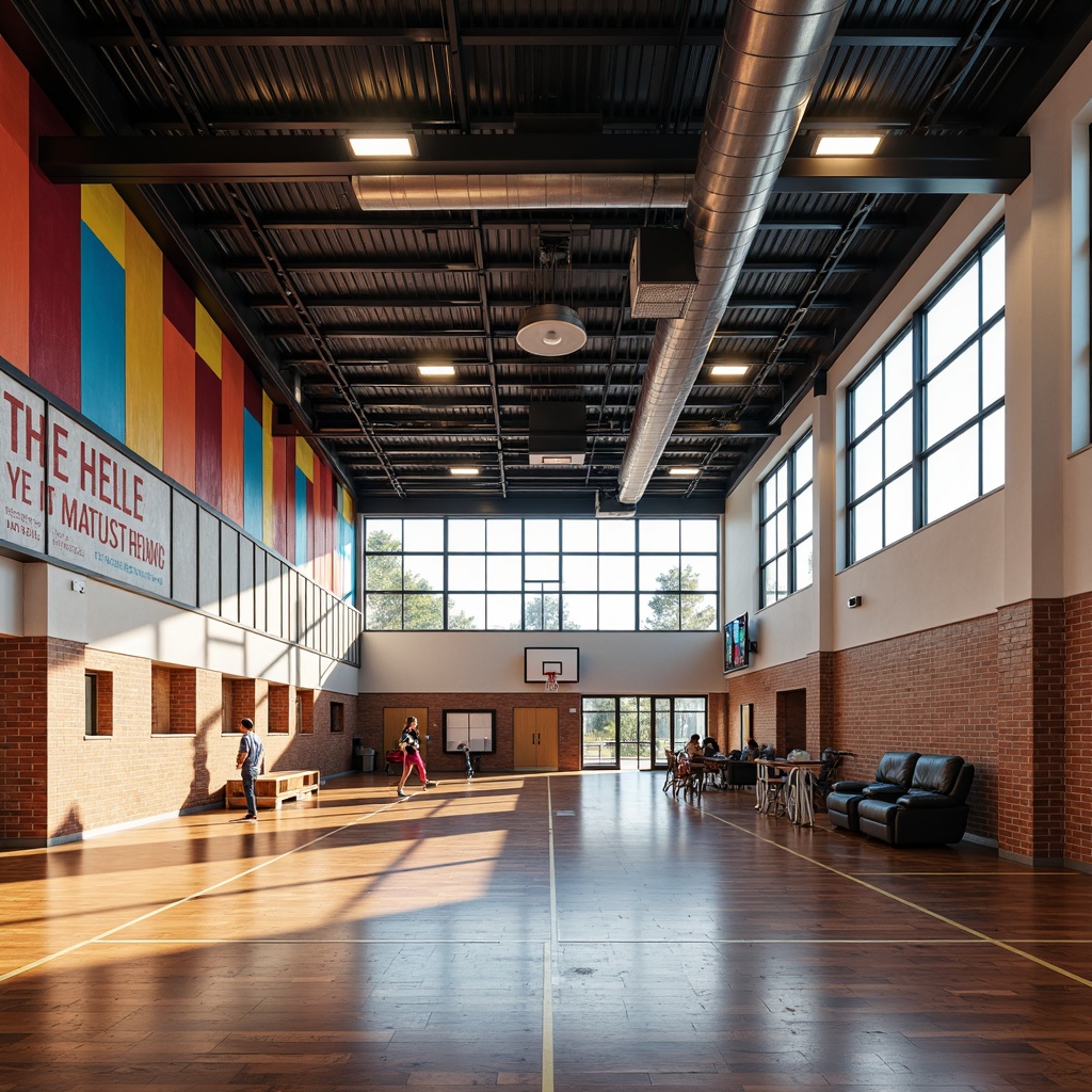 Prompt: Modern gymnasium interior, high ceilings, polished wooden floors, bright overhead lighting, wall-mounted sports equipment, vibrant team colors, motivational quotes, acoustic sound panels, shock-absorbing rubber flooring, sturdy metal beams, industrial-style ductwork, sleek glass partitions, natural stone accent walls, dynamic 3D geometric patterns, bold graphic murals, athletic-inspired wallpaper, panoramic windows, sunny day, soft warm lighting, shallow depth of field, realistic textures.