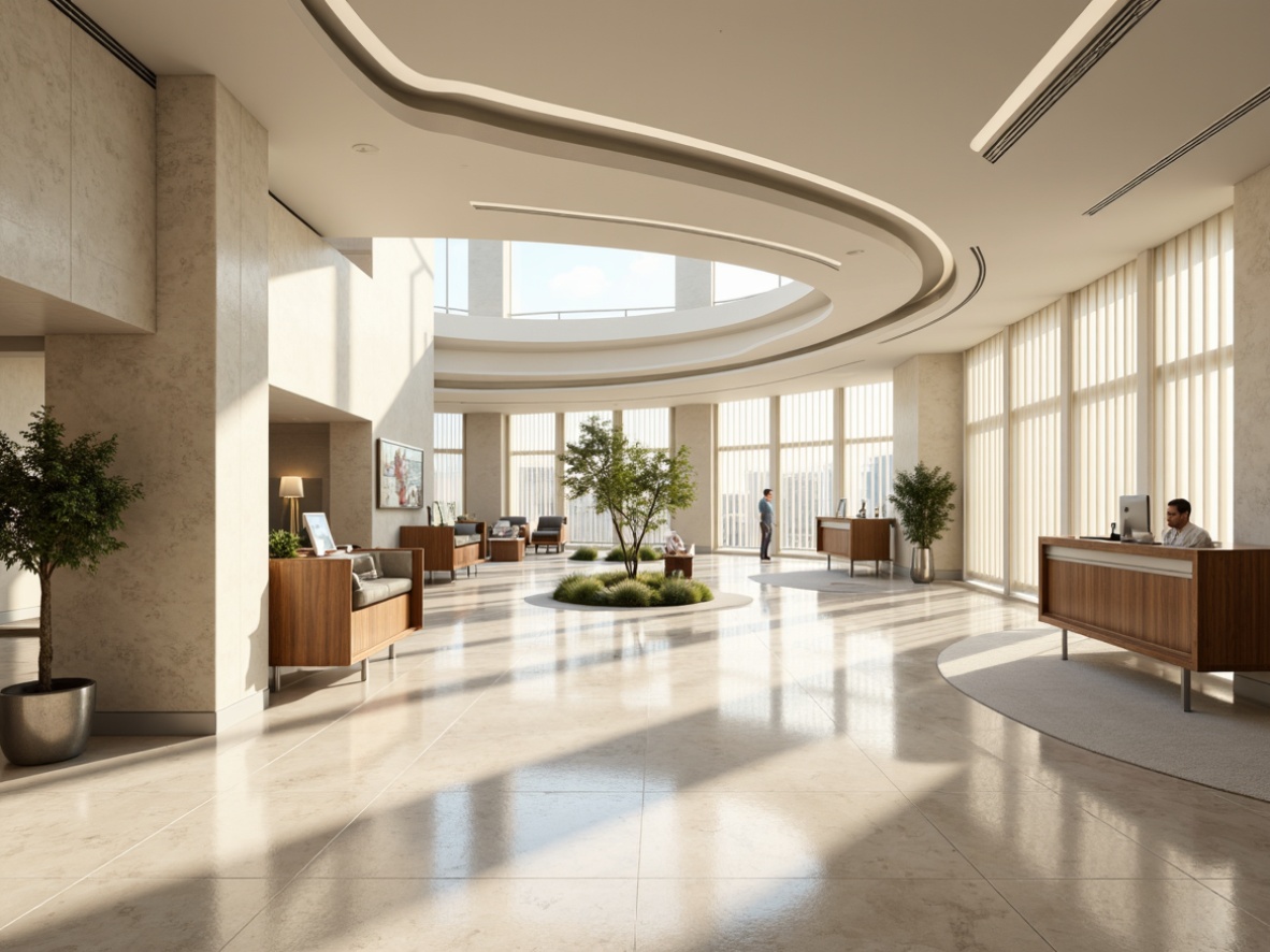 Prompt: Sleek bank interior, streamlined moderne style, minimal ornamentation, polished marble floors, cream-colored walls, floor-to-ceiling windows, natural light pouring in, open-plan layout, fluid circulation paths, curved lines, rounded corners, metallic accents, stainless steel counters, wooden furniture with chrome legs, ambient lighting, soft shadows, 1/1 composition, shallow depth of field, realistic reflections, subtle texture overlays.