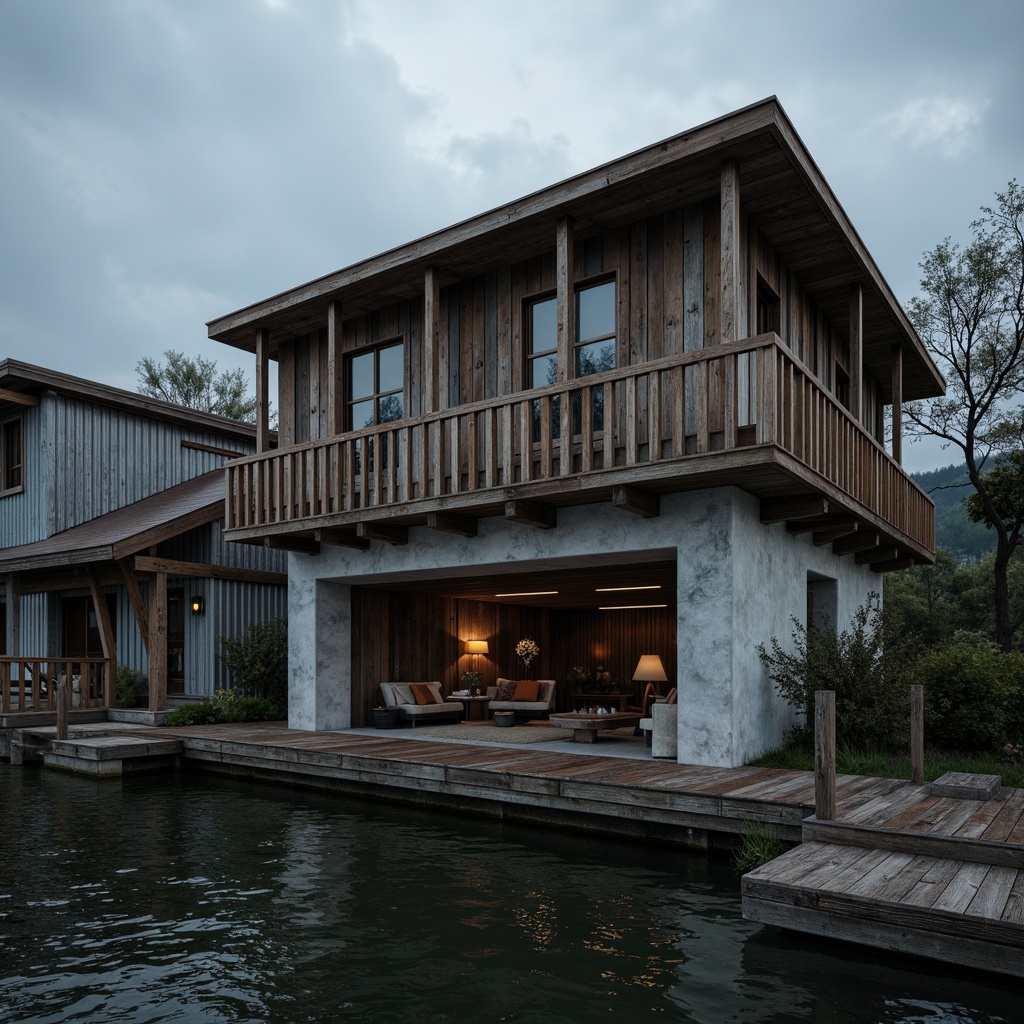 Prompt: Rustic boathouse, weathered wooden planks, exposed concrete foundation, rugged stone walls, corrugated metal roofs, industrial pipes, distressed wood accents, nautical rope details, worn wooden docks, murky water reflections, overcast sky, dramatic lighting, high contrast ratio, 2/3 composition, cinematic atmosphere, realistic textures, ambient occlusion.