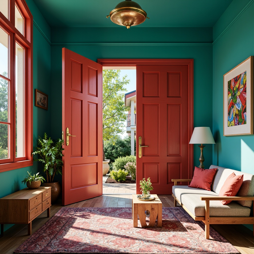 Prompt: Vibrant eclectic entryway, bold turquoise walls, contrasting coral red doors, rich wood accents, ornate golden hardware, plush area rugs, mix-and-match furniture, distressed finishes, industrial chic lighting, abstract artwork, colorful patterned textiles, lush greenery, warm sunny day, shallow depth of field, 1/1 composition, realistic textures, ambient occlusion.