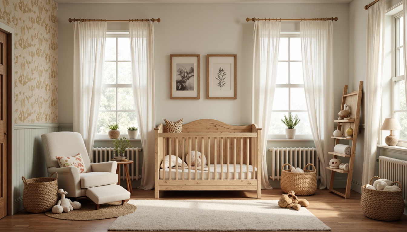 Prompt: Cozy baby room, vernacular style, soft pastel colors, plush toys, crib with intricate carvings, wooden rocking chair, woven baskets, natural fabrics, cotton lace curtains, vintage-inspired wallpaper, warm beige tones, creamy whites, distressed wood furniture, rustic metal accents, softbox lighting, shallow depth of field, 1/1 composition, intimate atmosphere, realistic textures, ambient occlusion.