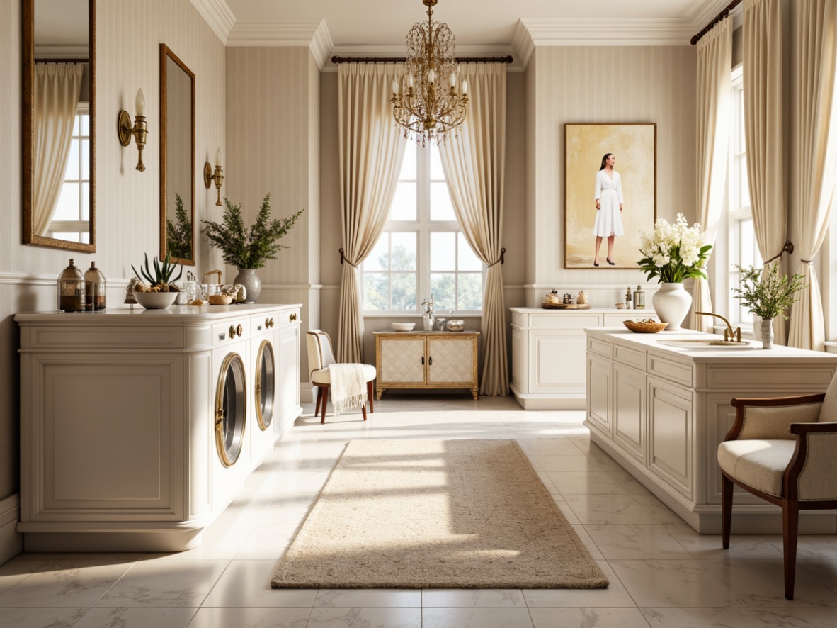 Prompt: Luxurious laundry room, soft pastel hues, creamy whites, warm beige tones, ornate gold accents, delicate florals, velvet drapes, marble countertops, antique furniture pieces, lavish chandeliers, natural stone floors, plush area rugs, gentle cream lighting, subtle gradient effects, 1/1 composition, intimate close-up shots, realistic fabric textures, ambient occlusion.