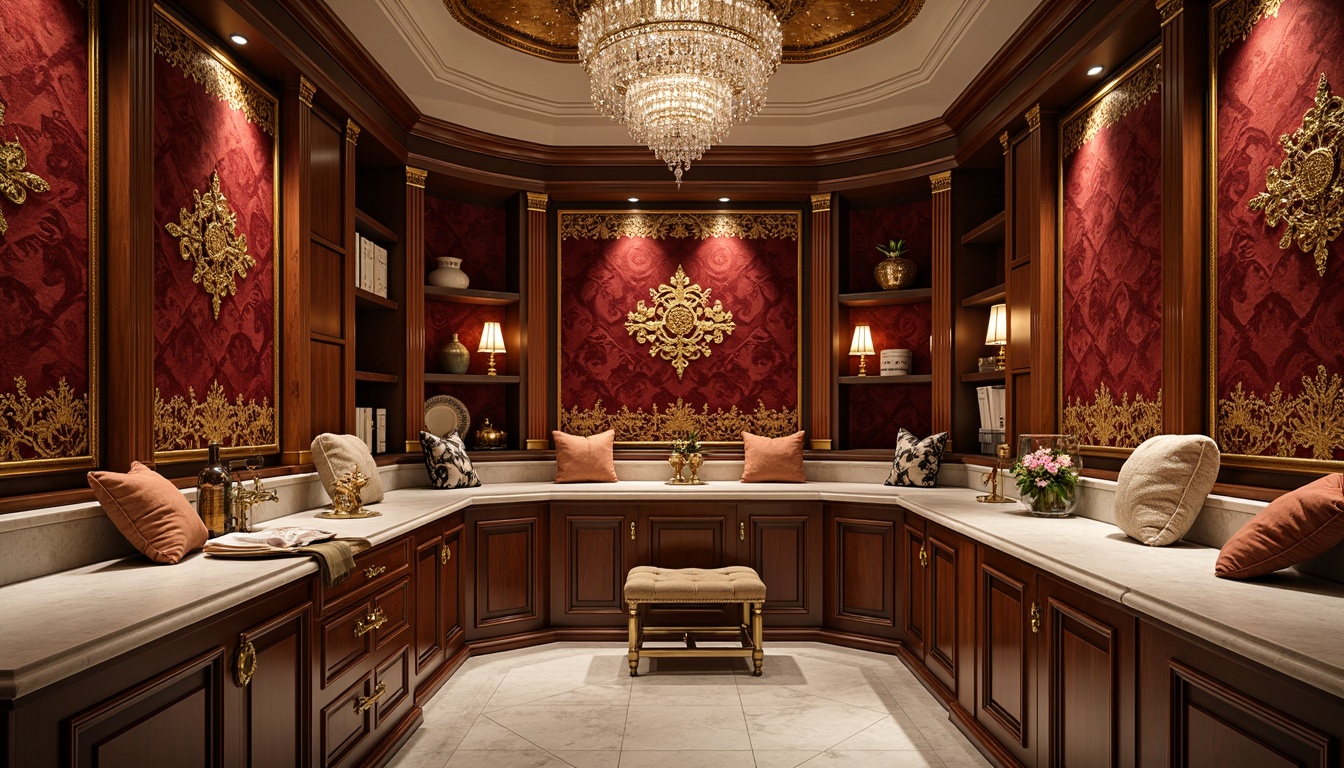 Prompt: Richly ornate storage rooms, luxurious velvet fabrics, intricate golden embroidery, soft satin finishes, delicate lace details, subtle sheen materials, creamy white marble countertops, ornamental metal hardware, curved mahogany cabinetry, lavish silk upholstery, dramatic crystal chandeliers, warm candlelight ambiance, shallow depth of field, 1/1 composition, realistic textures, ambient occlusion.