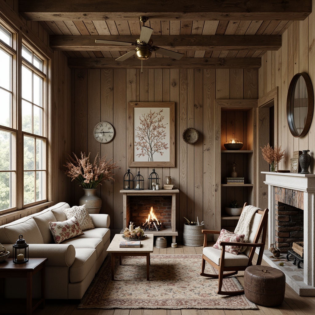 Prompt: Vintage farmhouse, distressed wood accents, earthy tones, natural fabrics, woven baskets, antique decor, metal lanterns, reclaimed barnwood, stone fireplaces, plush throw blankets, comfortable couches, wooden rocking chairs, floral patterns, soft warm lighting, shallow depth of field, 1/1 composition, realistic textures, ambient occlusion.