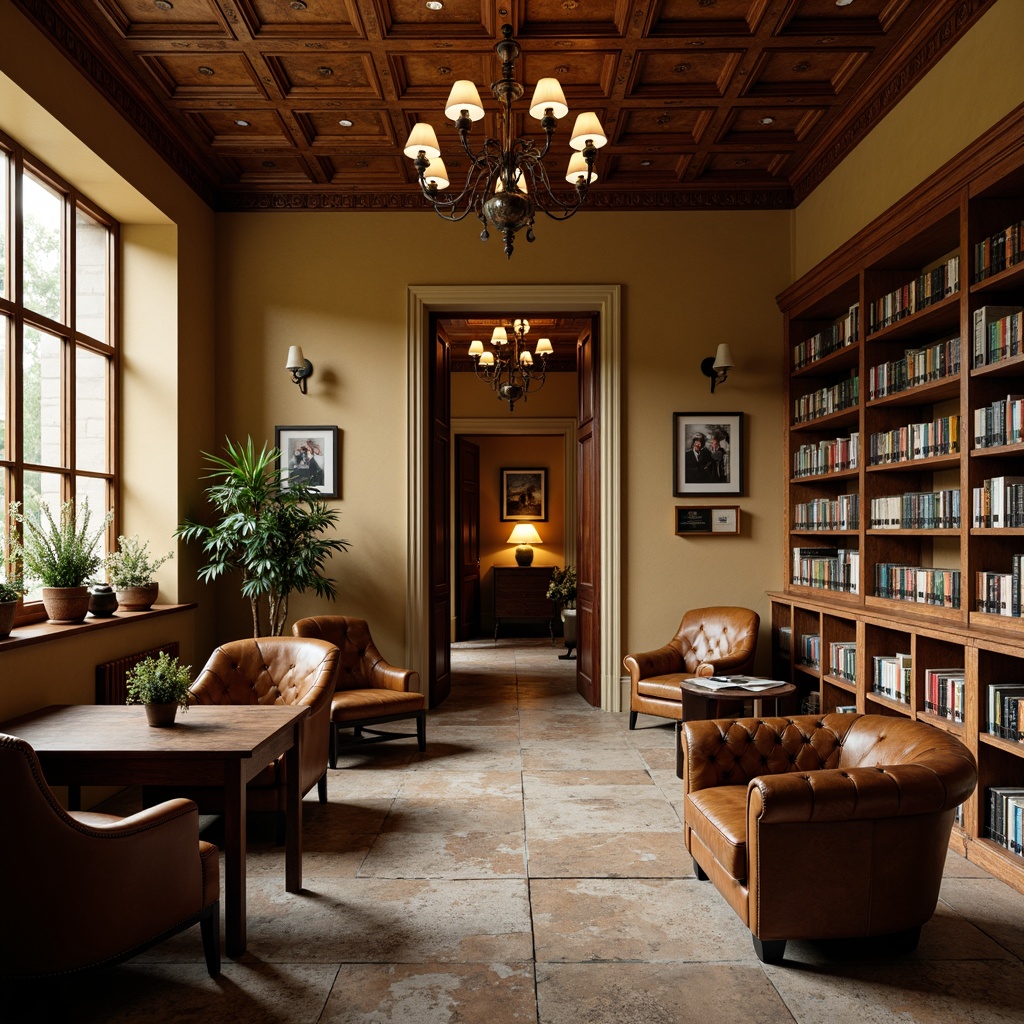 Prompt: Rich wood tones, warm beige walls, comfortable earthy colors, vintage academic furniture, classic library atmosphere, soft natural lighting, warm overhead lamps, cozy reading nooks, intricate wooden carvings, ornate metal fixtures, distressed leather armchairs, rustic stone floors, elegant chandeliers, sophisticated color palette, muted greenery, subtle texture variations, shallow depth of field, 1/2 composition, realistic render, atmospheric ambiance.