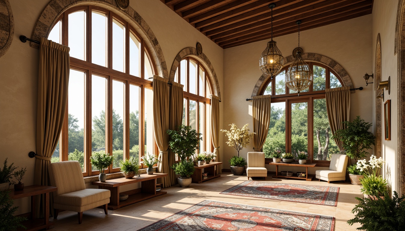 Prompt: Elegant sunroom, Renaissance-inspired architecture, grand arched windows, ornate stone carvings, soft natural light, warm beige walls, rich wood accents, velvet drapes, antique furnishings, intricately patterned rugs, lush greenery, blooming flowers, delicate chandeliers, subtle warm glow, shallow depth of field, 1/1 composition, realistic textures, ambient occlusion.