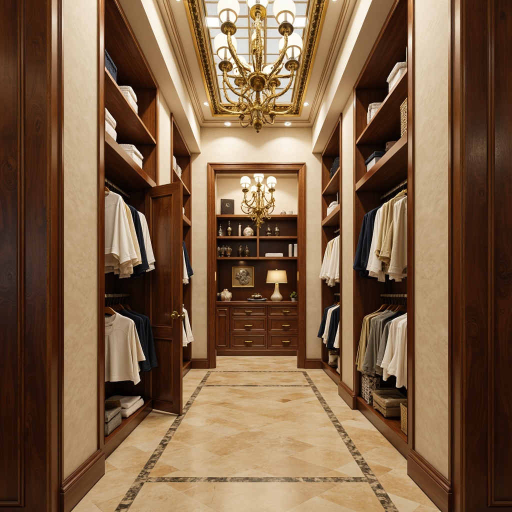 Prompt: Luxurious storage room, ornate gold accents, soft cream walls, rich walnut wood tones, velvety smooth fabrics, intricate carvings, curved lines, antique bronze hardware, opulent chandeliers, lavish drapery, warm beige marble floors, subtle texture overlays, dramatic lighting effects, shallow depth of field, 1/2 composition, ornate frame details, realistic material reflections.