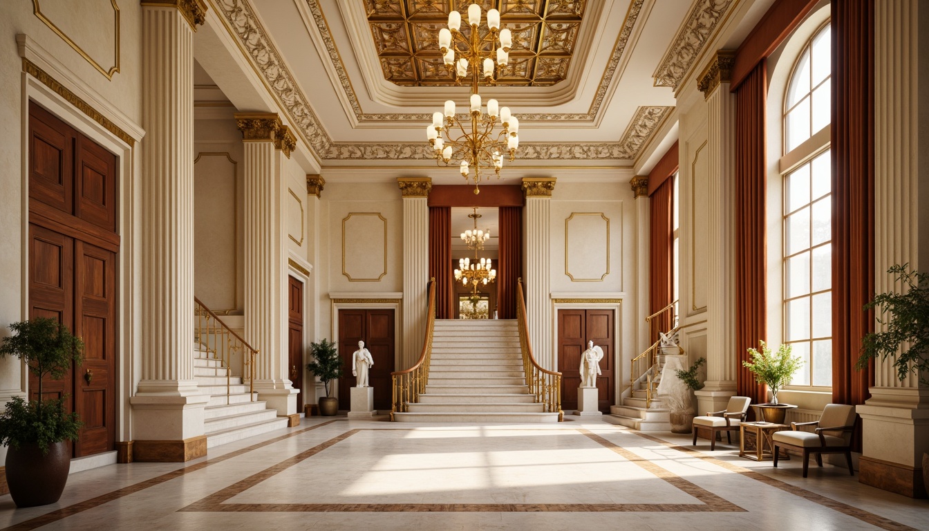 Prompt: Elegant neoclassical building, ornate moldings, cream-colored stone fa\u00e7ade, rich wood accents, gilded details, symmetrical composition, grand entranceways, sweeping staircases, opulent chandeliers, warm beige walls, subtle gold leafing, intricate ceiling patterns, lavish furnishings, velvet drapes, marble flooring, soft warm lighting, shallow depth of field, 1/2 composition, realistic textures, ambient occlusion.