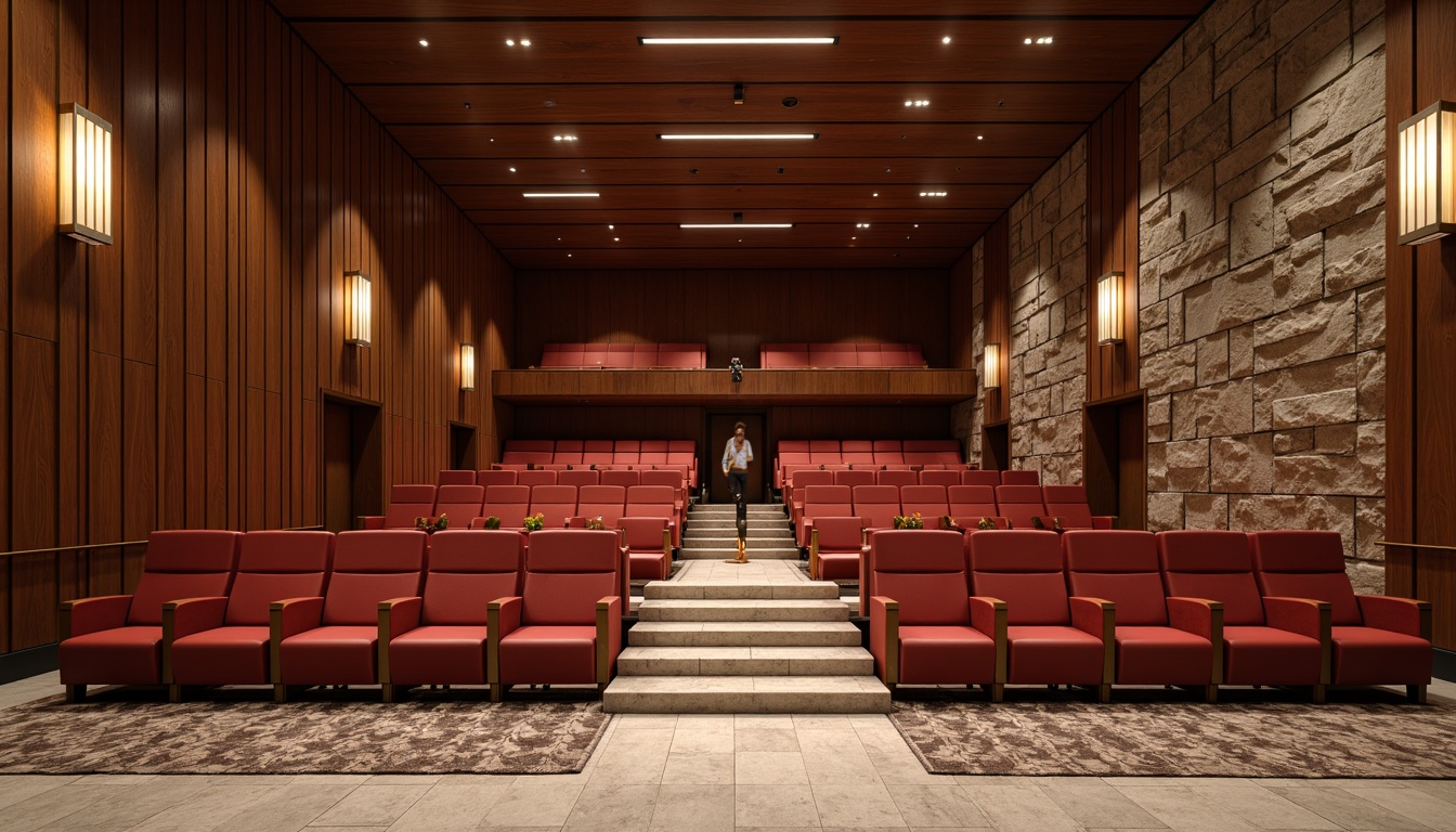 Prompt: Rich walnut wood paneling, smooth terrazzo flooring, plush velvet theater seats, warm brass accents, minimalist steel handrails, geometric patterned rugs, natural stone walls, mid-century modern chandeliers, softbox lighting, 3/4 composition, shallow depth of field, cinematic atmosphere, realistic textures, ambient occlusion.This prompt includes specific material finishes and design elements that evoke a Mid-Century Modern style for an auditorium, such as walnut wood paneling, terrazzo flooring, and brass accents. It also describes the atmosphere and lighting of the space, including the use of softbox lighting and cinematic atmosphere.