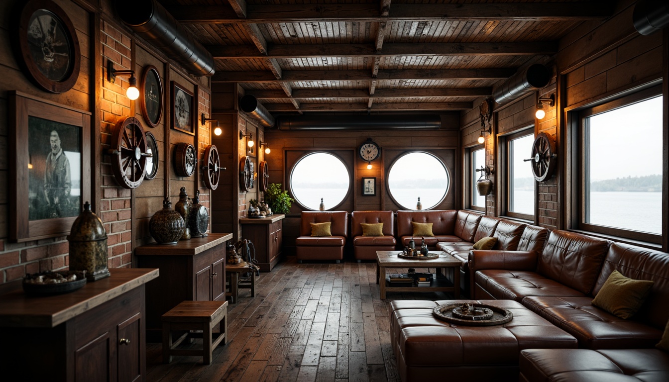 Prompt: Rustic boathouse interior, industrial chic decor, reclaimed wood accents, metal beam ceilings, exposed brick walls, vintage nautical instruments, distressed leather furniture, Edison bulb lighting, wooden ship wheels, porthole windows, naval-inspired color palette, moody atmospheric lighting, shallow depth of field, 1/1 composition, realistic textures, ambient occlusion.