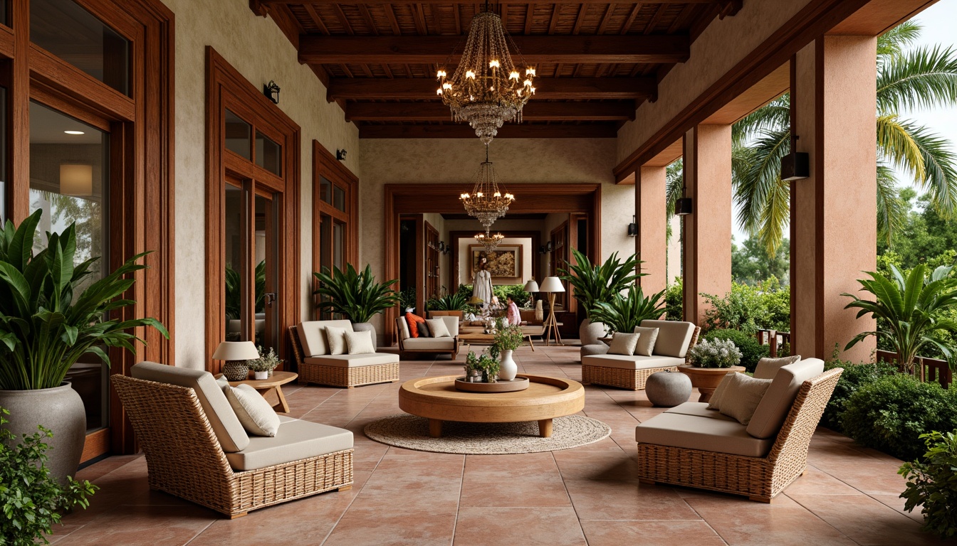 Prompt: Rich wooden accents, polished marble floors, lush greenery, exotic palm trees, vibrant floral patterns, woven rattan furniture, natural fiber textiles, earthy terracotta hues, rustic stone walls, ornate metalwork details, grand chandeliers, warm ambient lighting, soft focus blur, shallow depth of field, 1/1 composition, realistic reflections, subtle color grading.