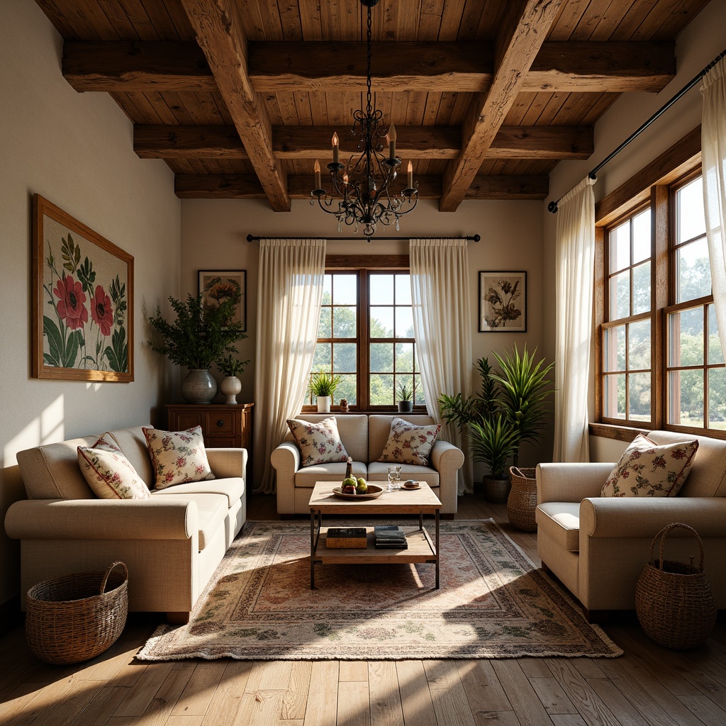 Prompt: Rustic farmhouse, vintage Art Nouveau style, distressed wood accents, ornate metal fixtures, intricate floral patterns, natural fabrics, woven baskets, plush throw pillows, velvet drapes, embroidered linen, lace trim, botanical prints, earthy color palette, warm golden lighting, soft focus, 1/2 composition, cozy atmosphere, realistic textures, subtle grain effect.