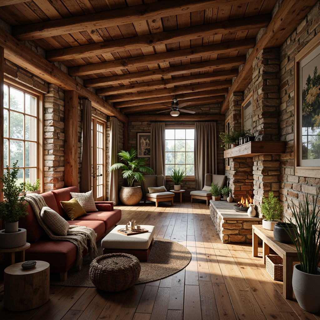 Prompt: Rustic cabin, wooden accents, natural stone walls, reclaimed wood floors, earthy color palette, warm lighting, cozy atmosphere, plush throw blankets, woven baskets, vintage decor, wooden beams, exposed brick, distressed finishes, organic textures, nature-inspired patterns, botanical prints, soft candlelight, shallow depth of field, 1/1 composition, realistic rendering.