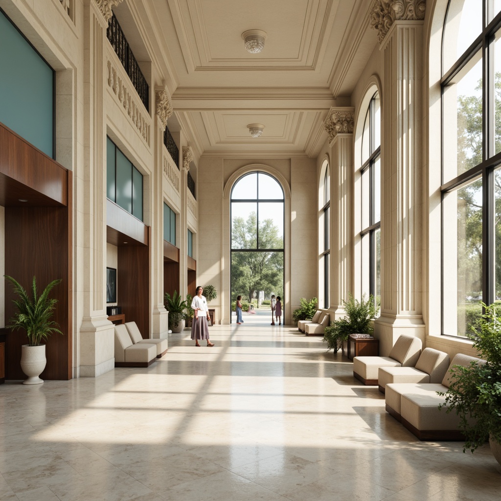 Prompt: Elegant healthcare center, neoclassical architecture, cream-colored fa\u00e7ade, ornate columns, symmetrical design, grand entrance, marble flooring, subtle wood accents, calming soft blue walls, warm beige furnishings, natural light pouring in through large windows, gentle ambient lighting, shallow depth of field, 1/1 composition, realistic textures, ambient occlusion.Please let me know if this meets your requirements!