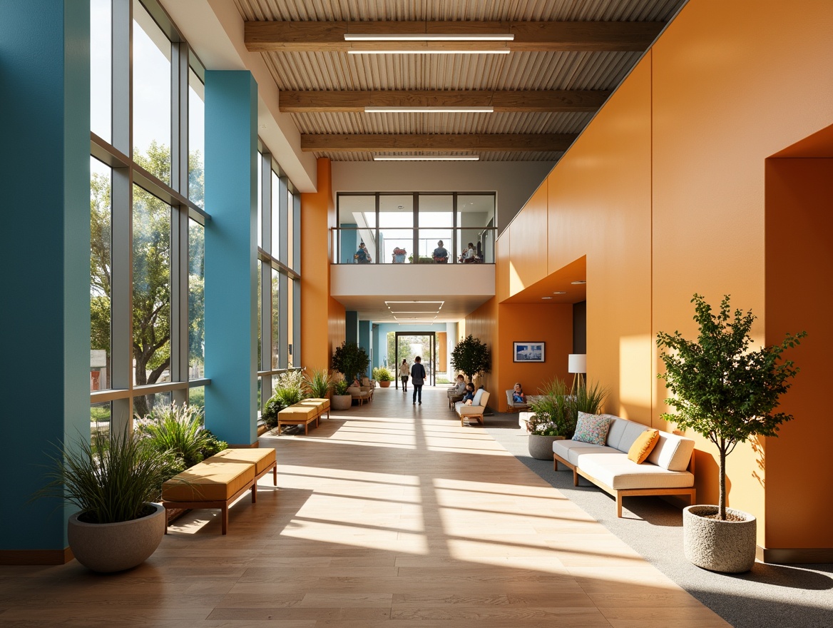 Prompt: Vibrant student halls, warm beige walls, calming blue accents, energetic orange tones, soothing greenery, modern minimalist furniture, sleek metal fixtures, wooden floors, cozy reading nooks, comfortable lounge seating, natural light pouring in, soft warm lighting, shallow depth of field, 3/4 composition, panoramic view, realistic textures, ambient occlusion.