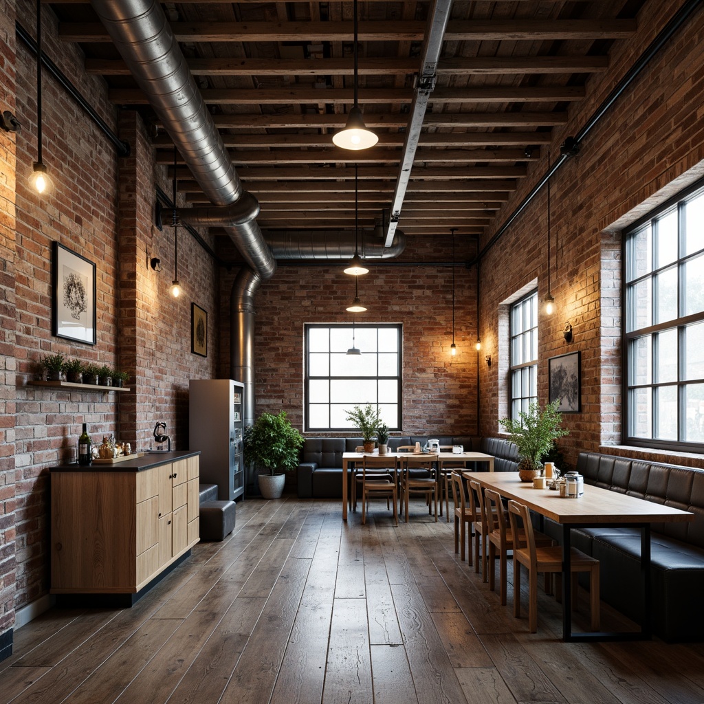 Prompt: Industrial chic interior, exposed pipes, metal beams, distressed brick walls, reclaimed wood floors, vintage industrial lighting, Edison bulbs, urban loft atmosphere, modern minimalist decor, functional simplicity, raw concrete textures, brutalist architecture, eclectic decorative accents, warm cozy ambiance, soft natural light, shallow depth of field, 1/1 composition, realistic render.