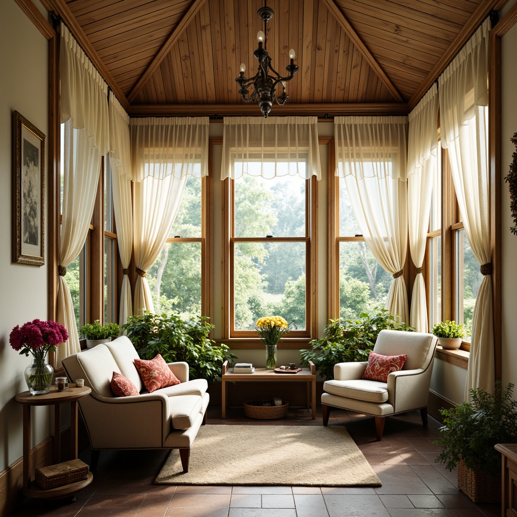 Prompt: Vintage sunroom, distressed wooden furniture, soft pastel hues, floral patterns, lace curtains, linen fabrics, ruffled drapes, ornate metal frames, antique decorations, natural stone flooring, potted plants, blooming flowers, warm sunlight, cozy reading nooks, plush throw pillows, faded velvet upholstery, aged leather armchairs, distressed finishes, warm beige walls, soft cream colors, elegant chandeliers, rustic wooden beams, 1/1 composition, shallow depth of field, realistic textures.