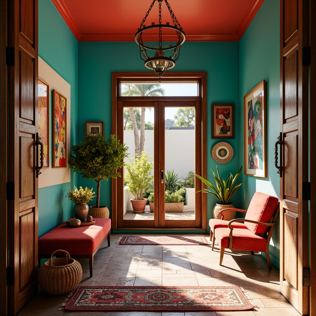 Prompt: Vibrant eclectic entry, rich turquoise walls, bold coral accents, warm golden lighting, distressed wooden doors, ornate metal hardware, plush velvet furniture, abstract art pieces, vintage rugs, Moroccan-inspired tiles, eclectic decorative objects, natural woven baskets, lush greenery, sunny day, soft warm glow, shallow depth of field, 1/2 composition, realistic textures, ambient occlusion.