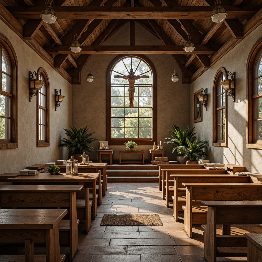 Prompt: Rustic church interior, reclaimed wood pews, wooden benches, natural stone flooring, earthy tone color scheme, vintage metal lanterns, distressed wooden accents, wooden crucifix, stained glass windows, cozy ambiance, warm soft lighting, candlelit atmosphere, traditional hymnal displays, rustic wooden tables, woven fiber rugs, organic textures, 3/4 composition, shallow depth of field, panoramic view, realistic renderings.