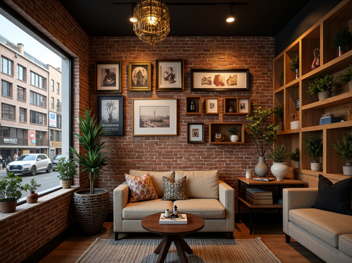 Prompt: Exposed brick walls, reclaimed wood planks, eclectic art pieces, industrial metal shelves, vintage coffee advertisements, distressed wooden crates, rustic stone accents, earthy tone color palette, warm ambient lighting, cozy corner seating areas, plush throw pillows, rich velvet drapes, ornate golden frames, abstract geometric patterns, urban cityscape views, busy street life scenes, 1/2 composition, soft focus effect, warm color grading.