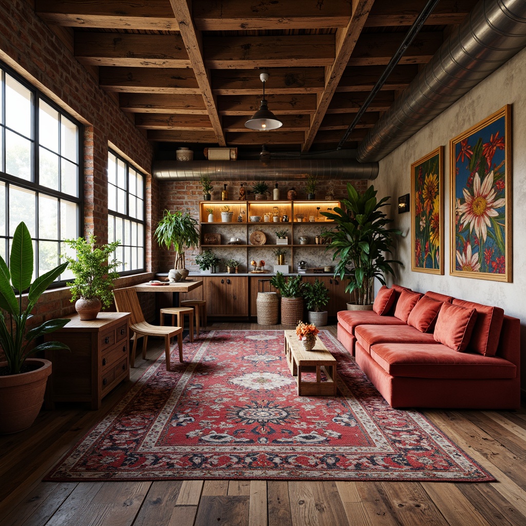 Prompt: Richly patterned rugs, distressed wood flooring, reclaimed wooden accents, vintage furniture pieces, ornate metal fixtures, colorful ceramic tiles, eclectic artwork collections, bold graphic prints, textured woven fabrics, plush velvet upholstery, metallic wallpaper accents, warm industrial lighting, exposed brick walls, natural stone countertops, earthy terracotta planters, bohemian-inspired decorative accessories, soft warm color palette, atmospheric ambient lighting, 1/2 composition, cozy intimate atmosphere.