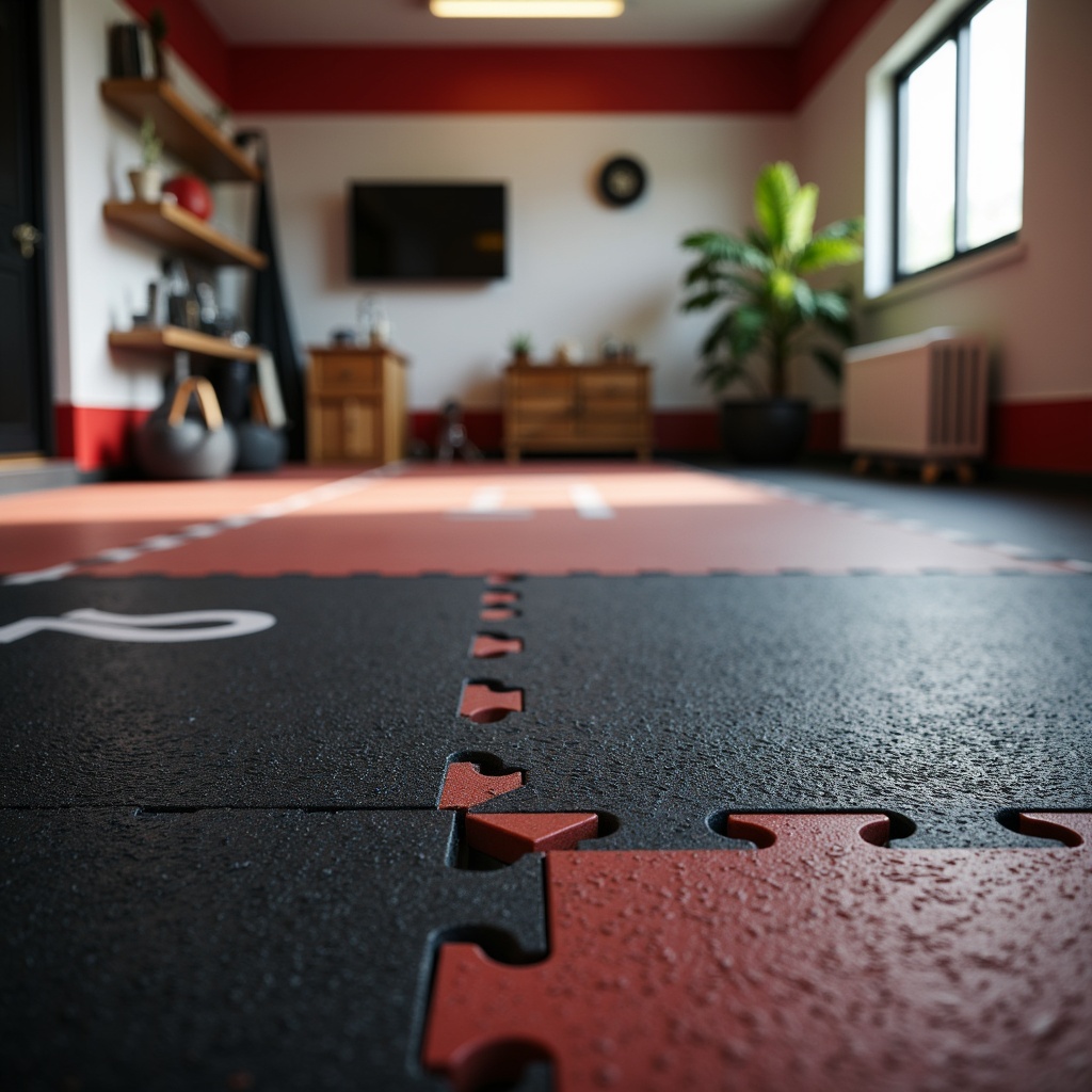 Prompt: Rubber flooring, textured surface, shock-absorbing material, vibrant color schemes, interlocking tiles, heavy-duty construction, durable surfaces, athletic markings, fitness-inspired designs, modern home gym atmosphere, natural light illumination, soft warm lighting, 3/4 composition, shallow depth of field, realistic textures, ambient occlusion.