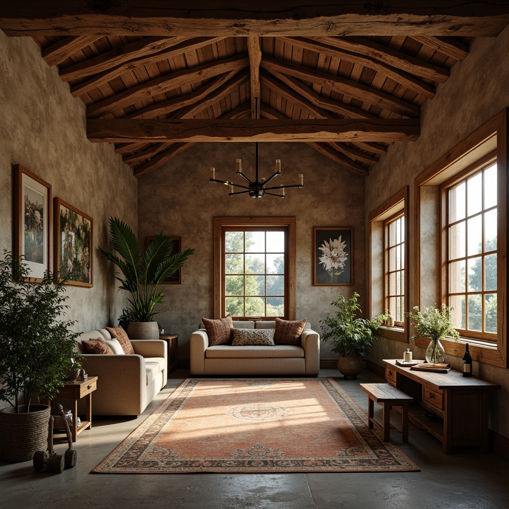 Prompt: Rustic farmhouse, curved lines, ornate decorations, floral patterns, natural materials, stone walls, wooden beams, vintage farm tools, distressed finishes, earthy tones, soft warm lighting, shallow depth of field, 1/2 composition, intimate portrait view, realistic textures, ambient occlusion.