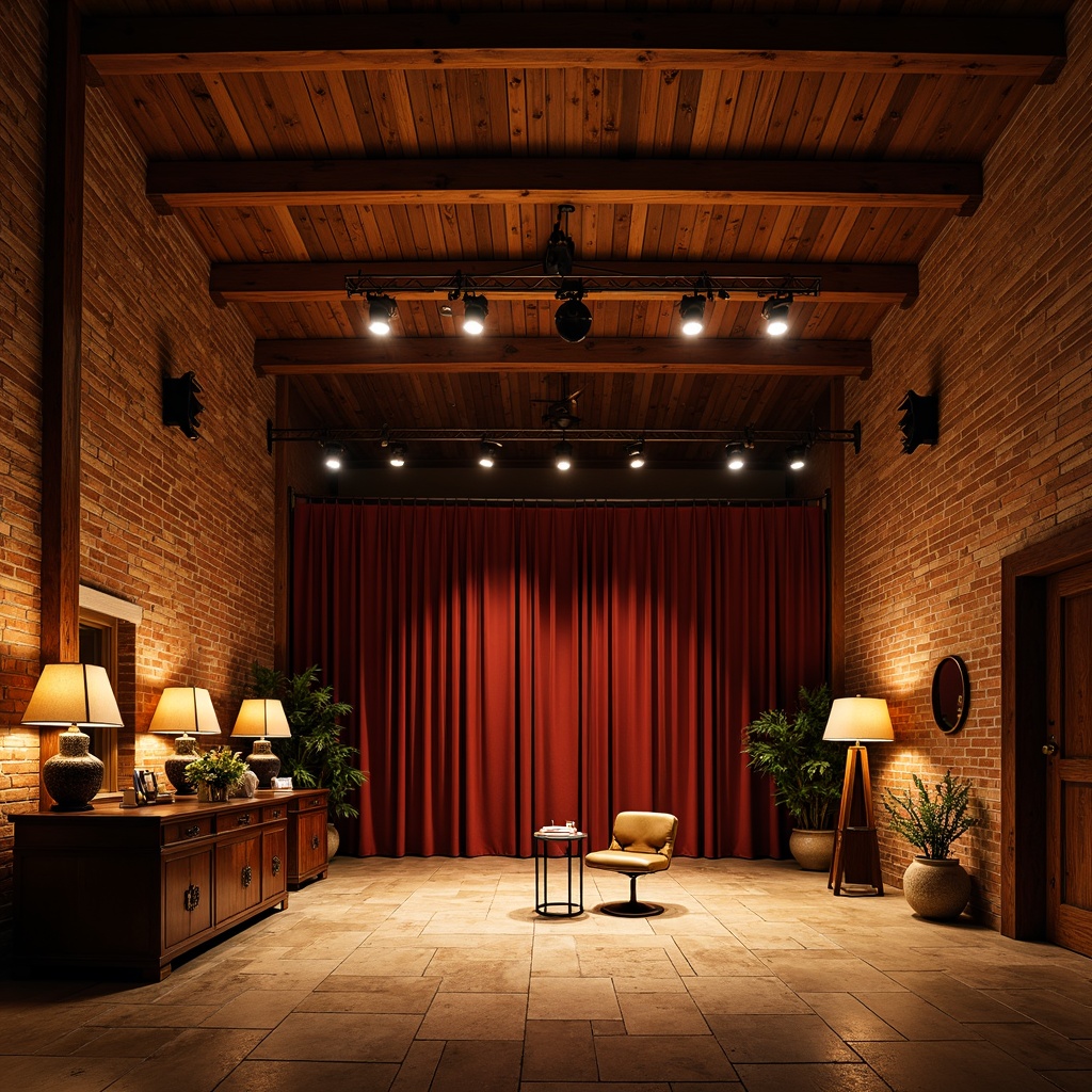 Prompt: Rustic performing arts center, wooden beam ceilings, exposed brick walls, dimmed warm lighting, spotlights on stage, floor lamps with linen shades, candlelight ambiance, natural stone floors, reclaimed wood accents, vintage theatrical props, rich velvet curtains, distressed metal fixtures, earthy color palette, warm golden tones, softbox lighting, 1/1 composition, intimate atmosphere, realistic textures, subtle ambient occlusion.