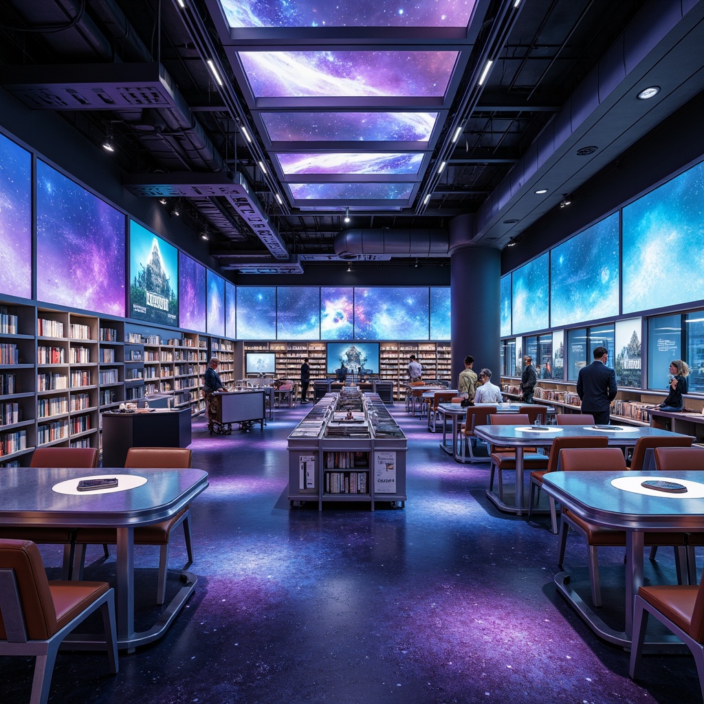 Prompt: Futuristic bookstore interior, celestial-inspired decor, neon-lit shelves, holographic book displays, metallic tables, ergonomic chairs, virtual reality reading areas, augmented reality book recommendations, galaxy-patterned carpets, stardust-textured walls, ambient soft lighting, atmospheric misting system, 1/1 composition, shallow depth of field, realistic reflections, futuristic typography, minimalist color scheme, sleek lines, innovative storage systems, interactive book browsing interfaces.