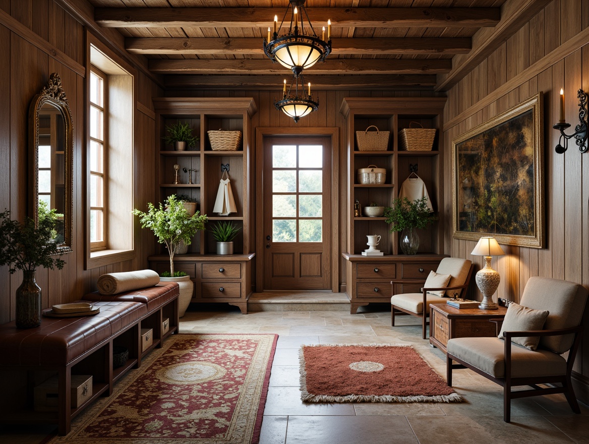 Prompt: Rustic mudroom, distressed wood accents, ornate metalwork, decorative corbels, grand chandeliers, plush area rugs, natural stone flooring, earthy color palette, rich leather upholstery, antique furniture pieces, vintage storage trunks, woven wicker baskets, ornamental mirrors, soft warm lighting, shallow depth of field, 3/4 composition, realistic textures, ambient occlusion.