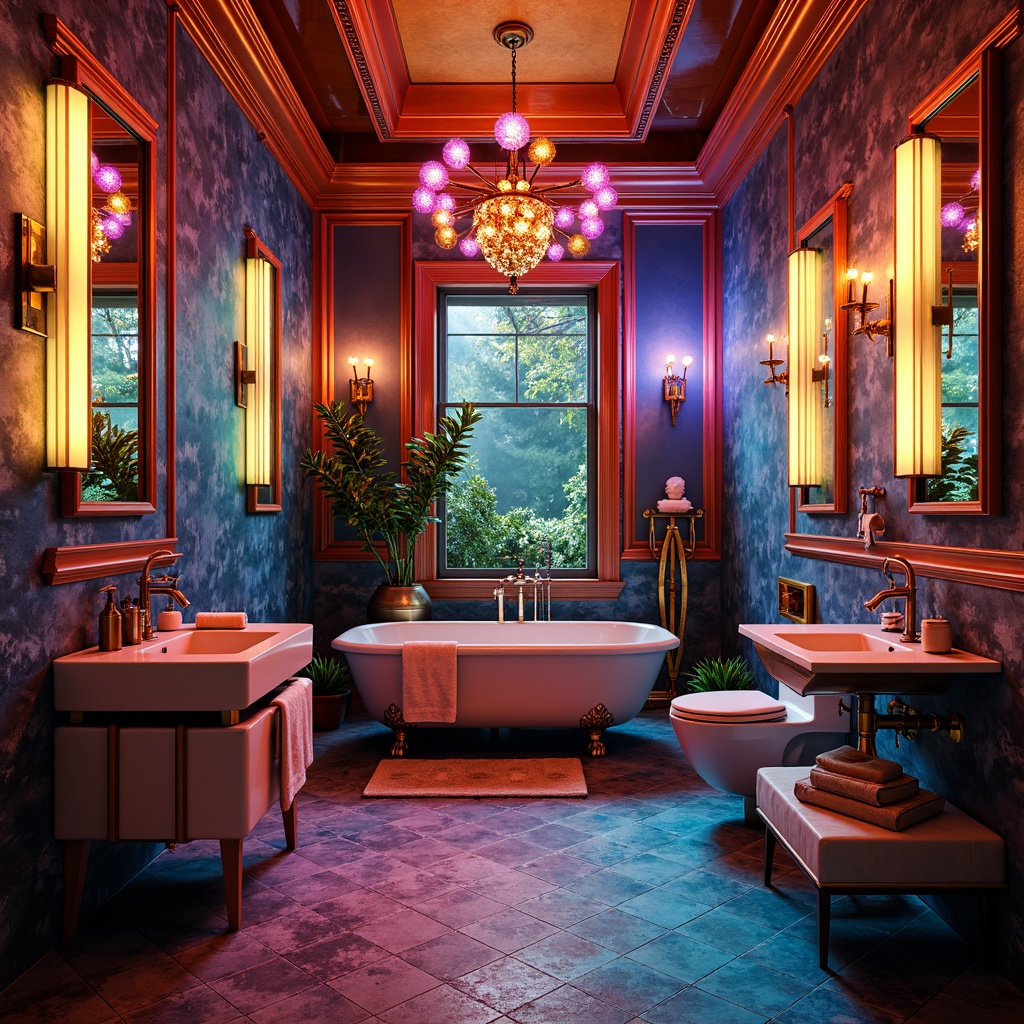 Prompt: Vibrant postmodern bathroom, eclectic fixtures, ornate mirrors, bold color schemes, abstract patterns, textured walls, metallic accents, LED strip lights, neon signs, glowing orbs, futuristic sconces, asymmetrical compositions, dramatic shadows, soft ambient illumination, warm candlelight, reflective surfaces, prismatic glass, crystal chandeliers, luxurious materials, lavish textures, opulent details, atmospheric misting systems, 1/1 composition, shallow depth of field, realistic reflections.