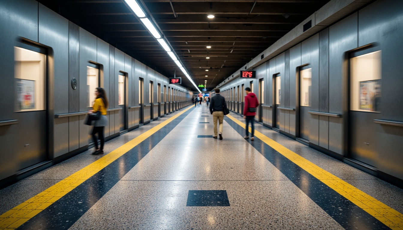 Prompt: Modern metro station, sleek concrete walls, stainless steel railings, polished granite floors, high-traffic areas, durable epoxy coatings, anti-slip textures, vibrant colored tiles, geometric patterns, ambient lighting, soft warm glow, shallow depth of field, 3/4 composition, realistic reflections, urban atmosphere.