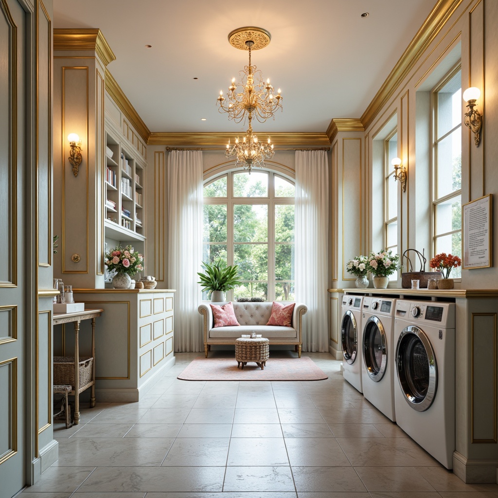 Prompt: Luxurious laundry space, ornate gold accents, soft pastel hues, creamy whites, powder blues, pale pinks, rich wood tones, intricate moldings, delicate florals, lavish chandeliers, warm ambient lighting, shallow depth of field, 1/1 composition, realistic textures, subtle gradient maps.