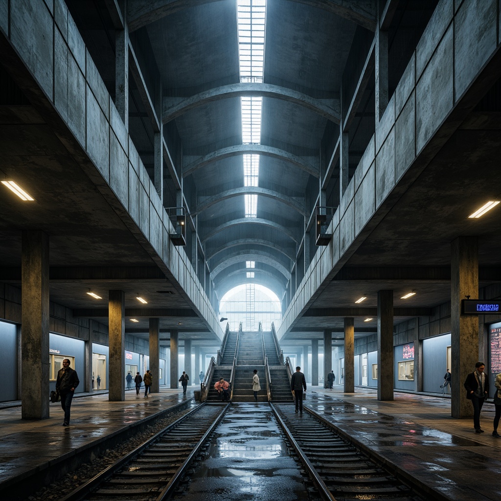 Prompt: Exposed concrete structures, industrial metal beams, raw unfinished textures, dramatic angular lines, brutalist architecture, high-ceilinged train station, busy urban atmosphere, modern cityscape, harsh overhead lighting, suspended linear lamps, cold white light tones, futuristic LED strips, neon signs, dynamic shadow play, atmospheric misting effects, rainy day ambiance, puddled reflections, 1/1 composition, symmetrical framing, cinematic low-angle shots, high-contrast dramatic lighting.