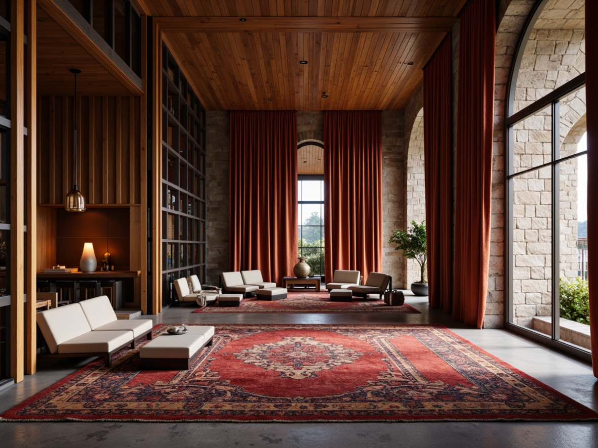 Prompt: Luxurious velvet drapes, rich wood paneling, sleek metal accents, smooth glass surfaces, rugged stone walls, vibrant colorful rugs, intricate patterned textiles, modern minimalist furniture, ambient warm lighting, shallow depth of field, 3/4 composition, realistic reflections, detailed normal maps.