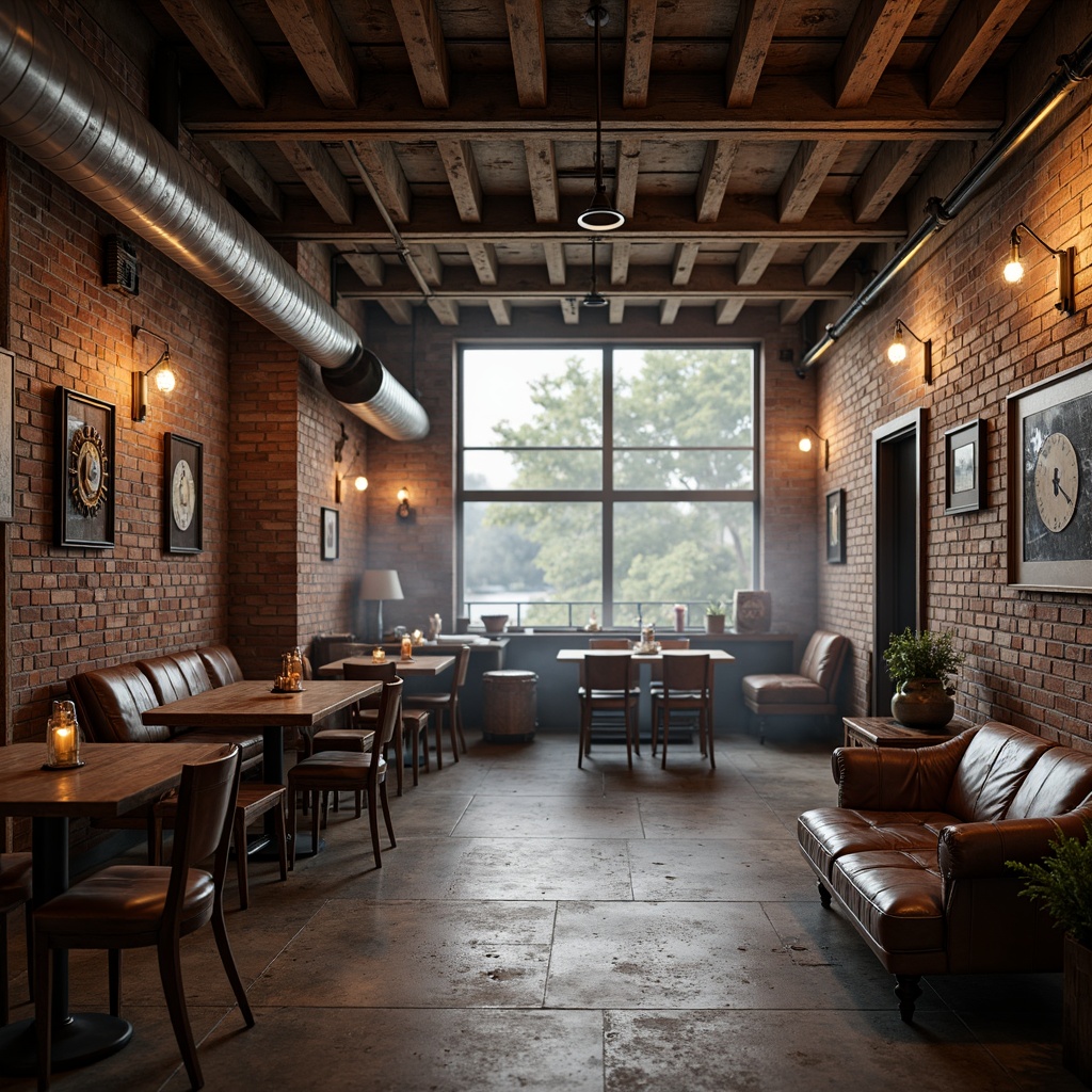 Prompt: Rustic wooden docks, industrial metal beams, reclaimed wood accents, exposed brick walls, polished concrete floors, distressed leather furniture, vintage nautical artifacts, Edison bulb lighting, metal lanterns, naval-inspired color scheme, warm ambient glow, shallow depth of field, 1/2 composition, realistic textures, atmospheric mist.