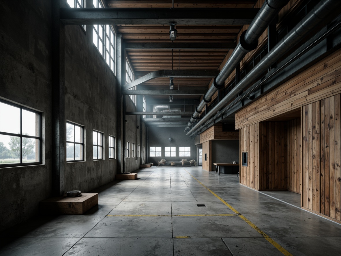 Prompt: Industrial-style factory building, exposed metal beams, polished concrete floors, weathered steel walls, rustic wooden accents, functional piping systems, reinforced glass windows, modern minimalistic design, high-contrast color scheme, dramatic shadows, low-angle photography, atmospheric misty lighting, shallow depth of field, 1/2 composition, realistic textures, ambient occlusion.