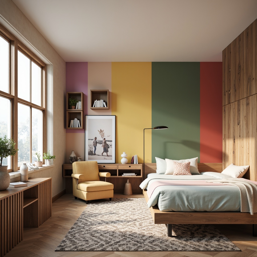 Prompt: Vibrant dorm room, bold accent walls, soft pastel bedding, modern minimalist furniture, sleek metal desk lamps, geometric patterned rugs, industrial chic decor, reclaimed wood accents, cozy reading nooks, floor-to-ceiling windows, natural light pouring in, warm beige tones, rich walnut wood, creamy white trim, subtle texture contrasts, 1/1 composition, soft focus effect, ambient lighting, realistic materials.