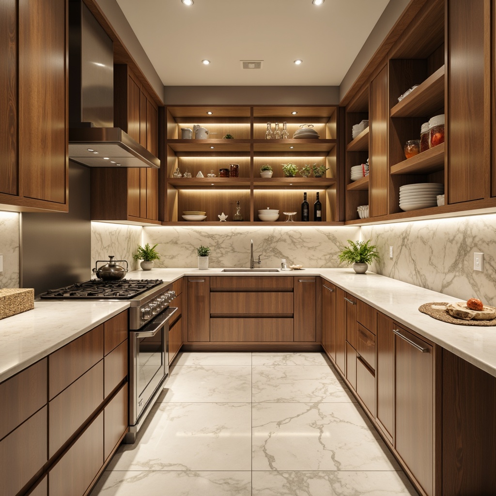 Prompt: Glossy modern pantry, sleek countertops, marble textures, chrome fixtures, high-gloss cabinets, minimalist design, ambient lighting, warm neutral tones, polished metal hardware, engineered quartz surfaces, waterfall edges, geometric patterns, soft-close drawers, handle-free doors, LED under-cabinet lighting, floor-to-ceiling shelves, natural stone backsplashes, warm beige colors, industrial-chic decor, 1/1 composition, shallow depth of field, realistic reflections.