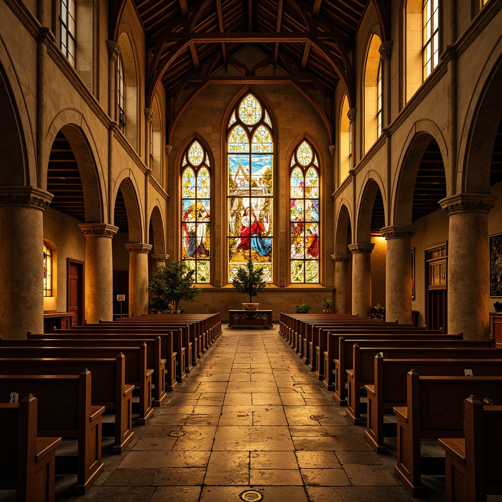 Prompt: Rustic church interior, warm golden lighting, vibrant stained glass windows, intricate medieval-inspired designs, richly colored biblical scenes, ornate Gothic arches, rough-hewn stone walls, wooden pews, ornamental metalwork, mystical ambiance, soft diffused light, 1/1 composition, intimate atmosphere, realistic textures, ambient occlusion.