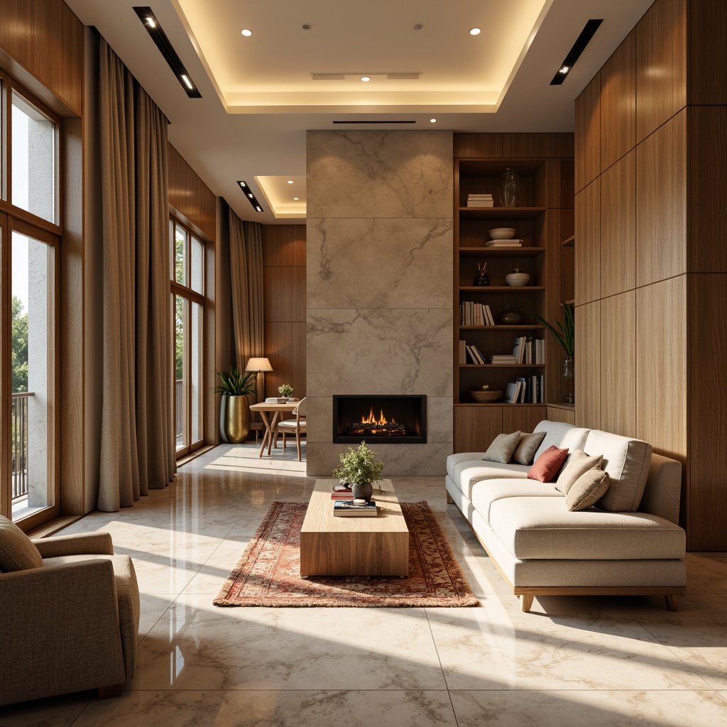 Prompt: Timeless interior design, luxurious living room, rich wood accents, warm beige tones, comfortable velvet sofas, polished marble floors, metallic gold lighting fixtures, subtle texture variations, soft warm glow, shallow depth of field, 1/2 composition, atmospheric perspective, realistic reflections, ambient occlusion.