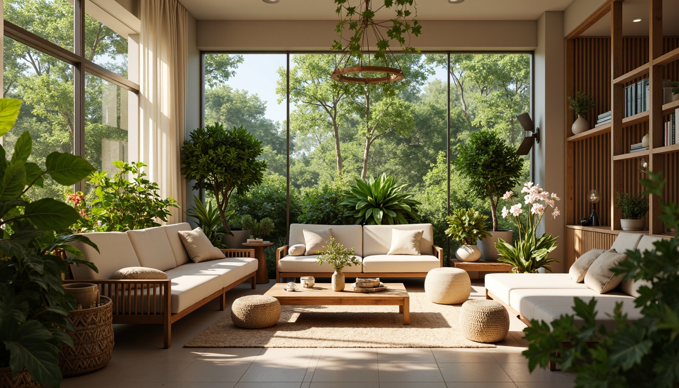 Prompt: Vibrant living room, lush greenery, potted plants, natural textures, woven baskets, rattan furniture, earthy tones, warm lighting, cozy ambiance, modern minimalist decor, sleek low-profile planters, trailing ivy, flowering blooms, fresh air, organic shapes, natural materials, wooden accents, soft cushions, calming atmosphere, shallow depth of field, 1/2 composition, realistic render.