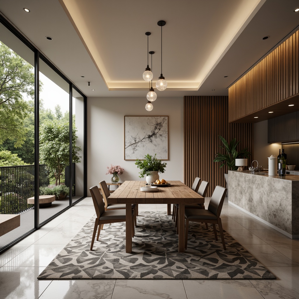 Prompt: Modern dining room, sleek wooden table, minimalist chairs, elegant pendant lights, soft warm ambiance, subtle color palette, polished marble floor, geometric patterned rug, lush greenery, natural stone wall, large windows, panoramic view, shallow depth of field, 3/4 composition, realistic textures, ambient occlusion.