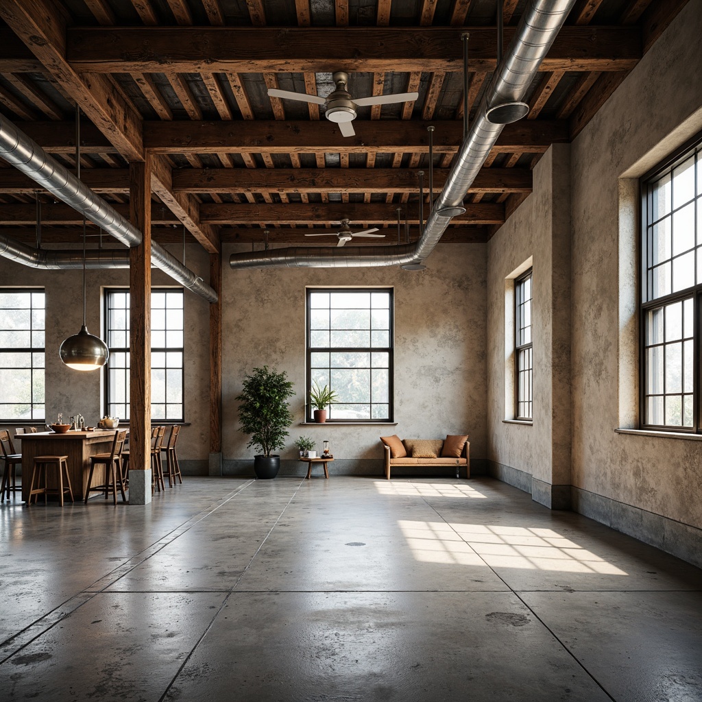 Prompt: Industrial interior, exposed beams, rustic metal accents, reclaimed wood textures, polished concrete floors, urban loft atmosphere, large windows, natural light, minimalist decor, functional simplicity, utilitarian aesthetic, distressed finishes, vintage industrial equipment, steel columns, open floor plan, airy sense of space, warm soft lighting, shallow depth of field, 3/4 composition, realistic textures.